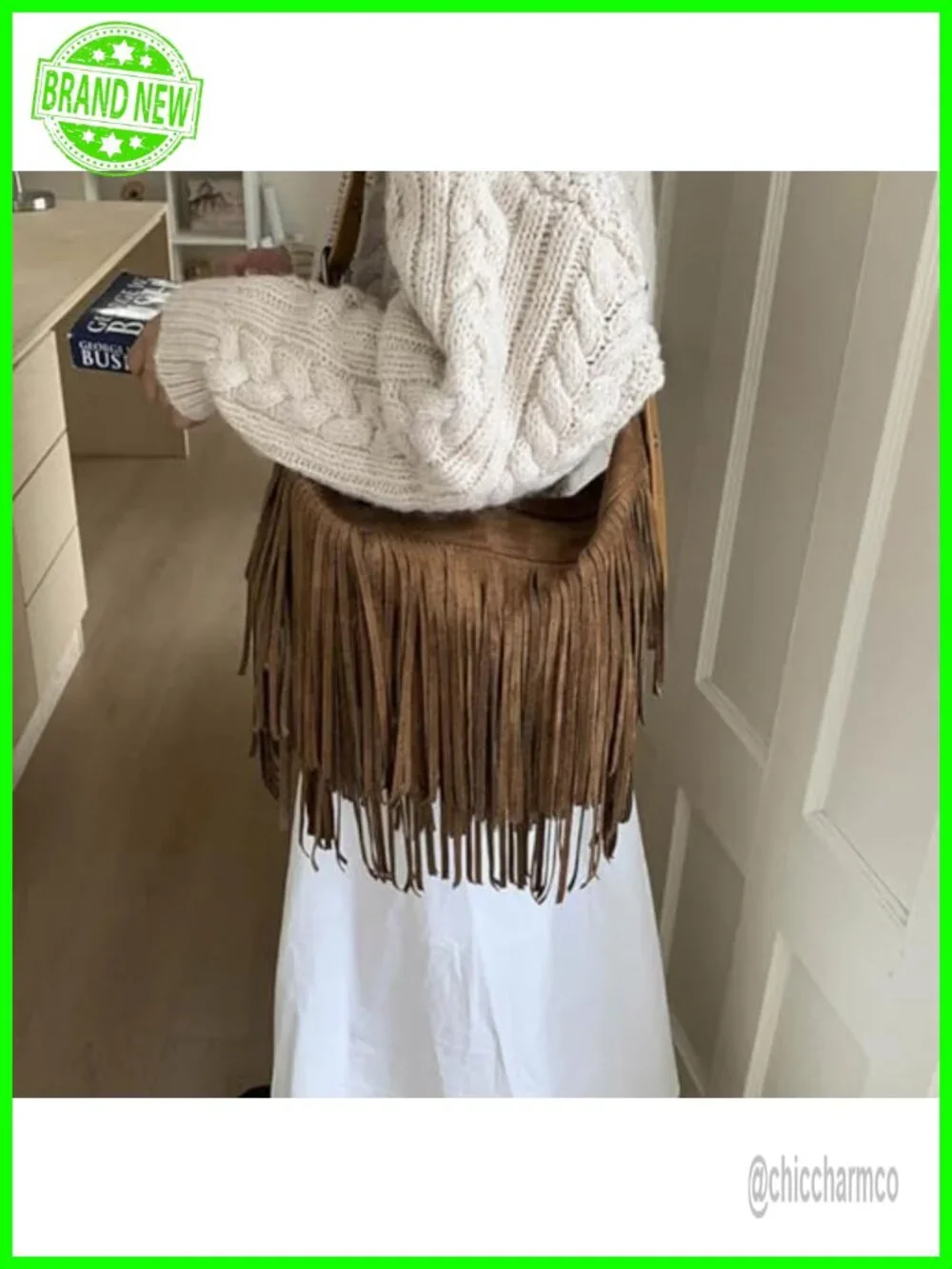Boho Fringe Hobo Bag, Suede Leather Crossbody Shoulder Bag with Adjustable Strap